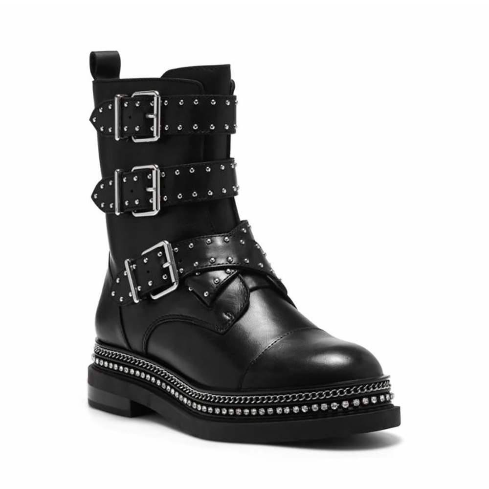 Vince Camuto Bobette Strap Black Leather Combat Boots with Rhinestones